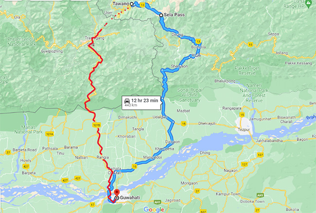 Traditional   Tawang- Sela Pass-Bomdila-Tezpur-Guwahati Corridor (in Blue) vs. Proposed Tawang-Trashigang-Samdrup Jongkhar-Guwahati Border (in Red).